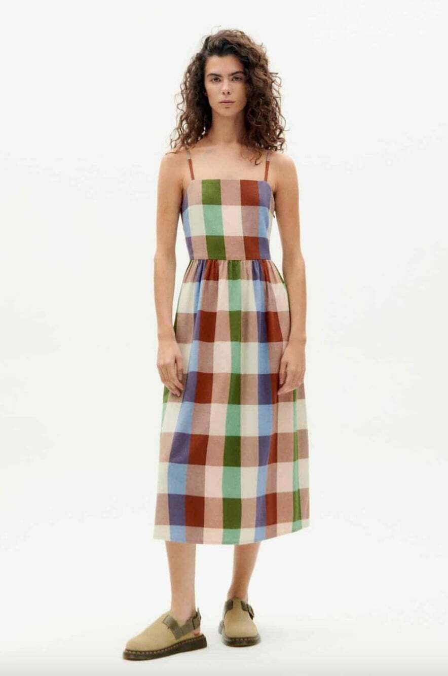 Thinking Mu Paola Dress in Multicolor Plaid Size Small Sleeveless Midi
